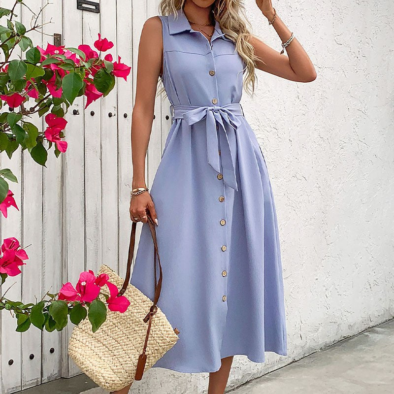 Perpetue | Women's Waist Belt Belted Maxi Dress in Blue