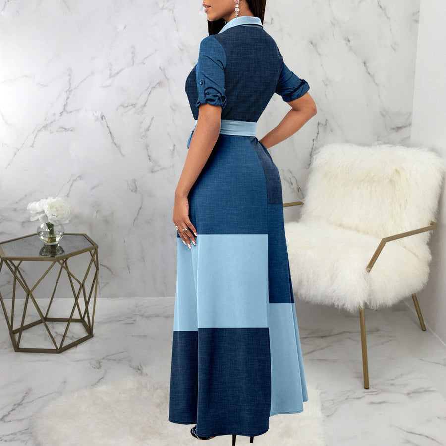 Persephonie | Women's Tailored Belted Maxi Dress in Blue