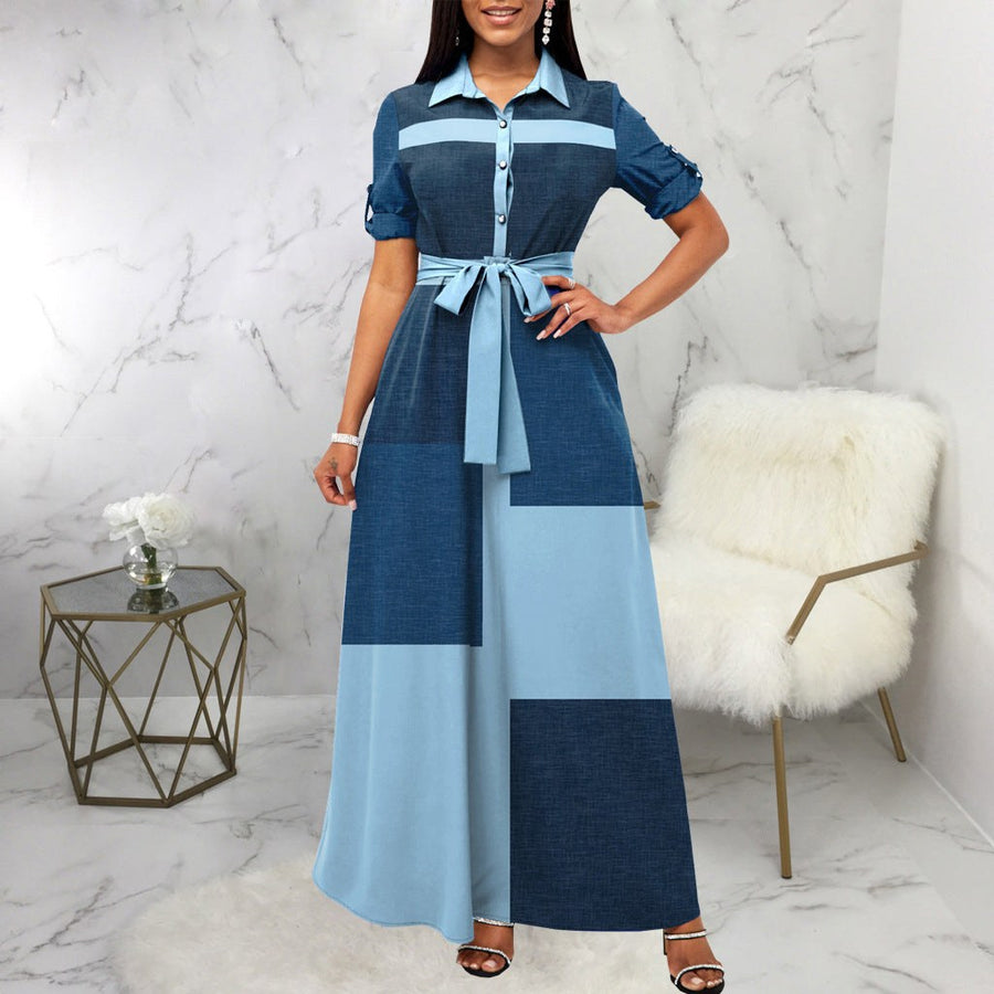 Persephonie | Women's Tailored Belted Maxi Dress in Blue