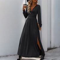 Philiberta | Women's V-Neck Ruched Elegant Maxi Dress in Black