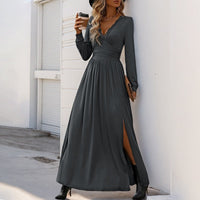 Philiberta | Women's V-Neck Ruched Elegant Maxi Dress in Dark Gray