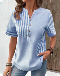 Philippa | Women's Stripe Pane Button Front Blouse in Blue