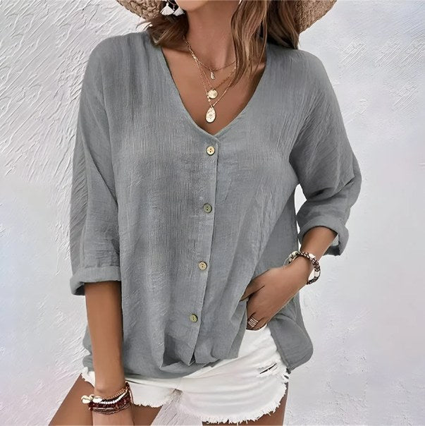 Pia | Women's V-Neck Button Front Blouse in Gray
