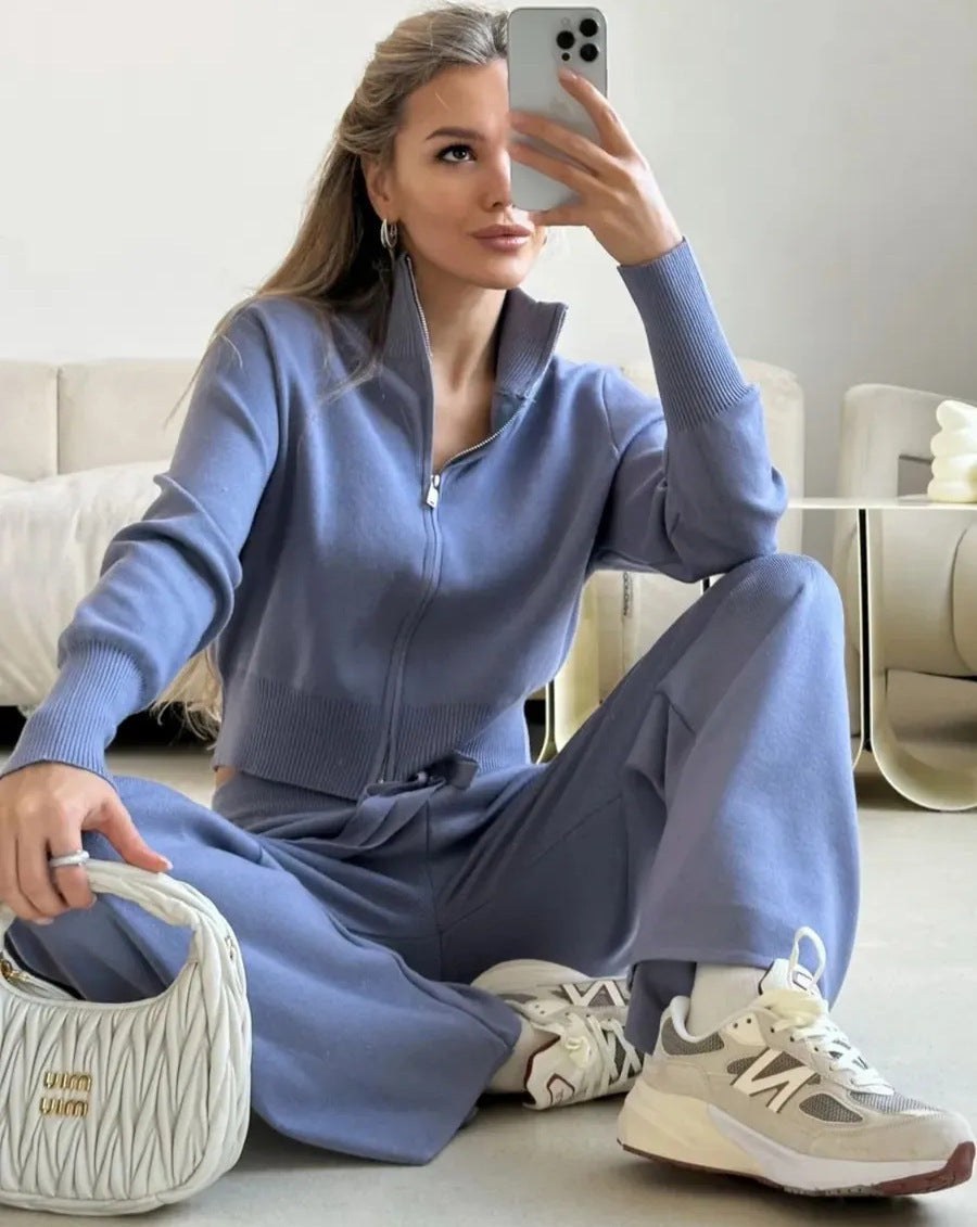 Pilar | Women's Cozy Hooded Knit Pants – Dress Pants in Blue