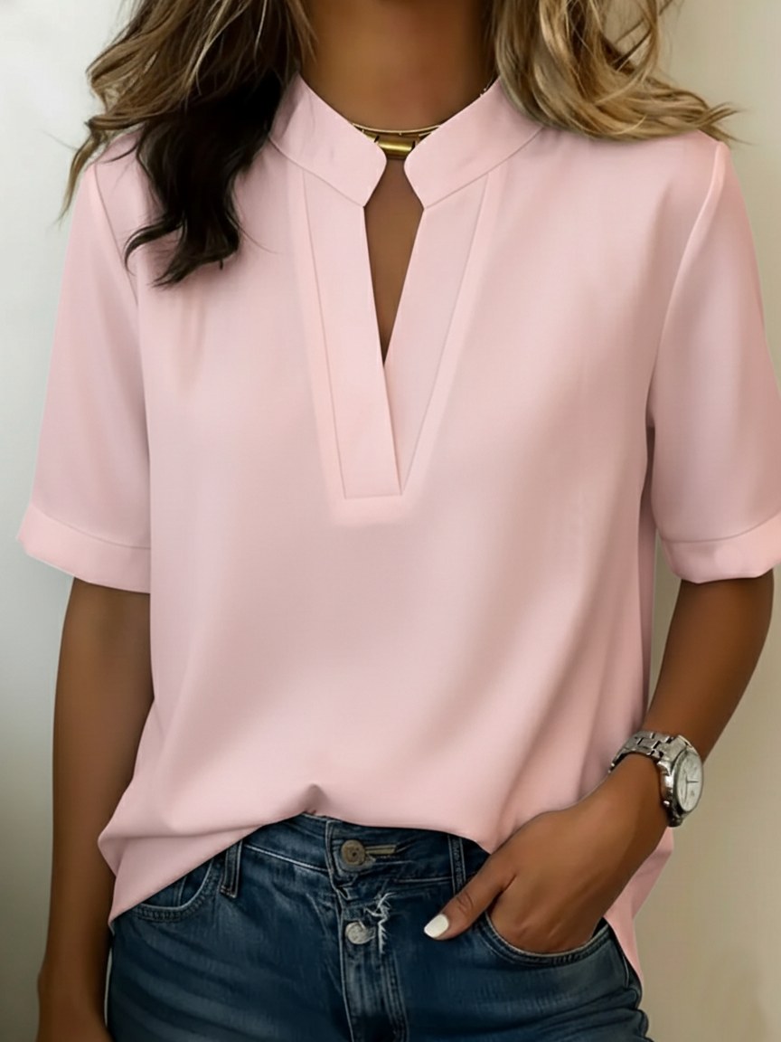 Pilar | Women's V-Neck Short Sleeve Blouse in Pink