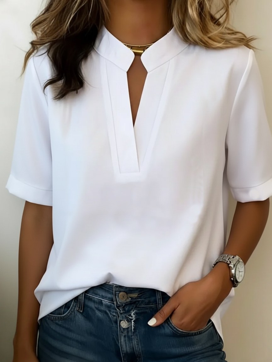Pilar | Women's V-Neck Short Sleeve Blouse in White