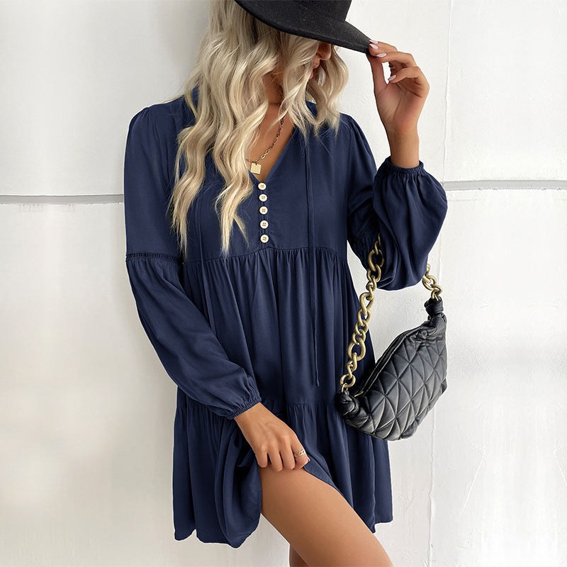Pomeline | Women's Button Detail Voluminous Dress – Casual Dress in Dark Blue