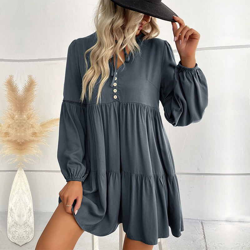 Pomeline | Women's Button Detail Voluminous Dress – Casual Dress in Dark Gray