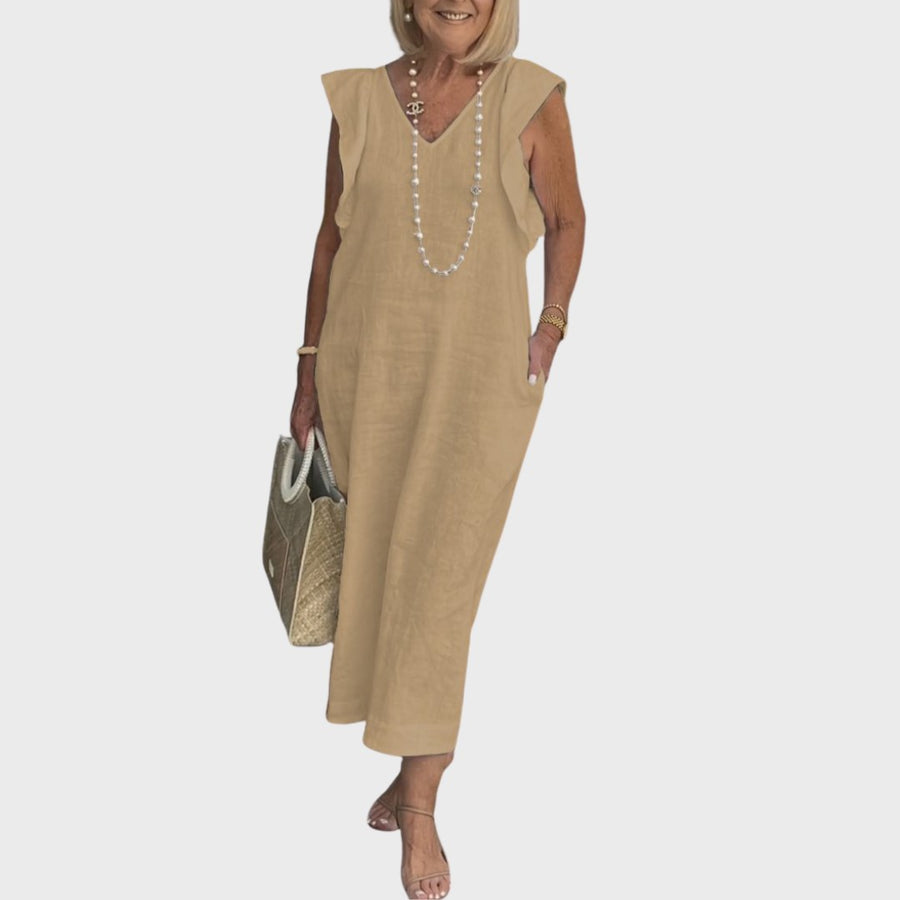Pomeline | Women's Casual Cap Sleeve Midi Sundress in Khaki