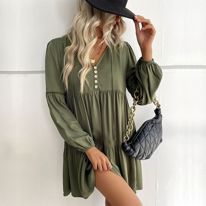 Pomeline | Women's Button Detail Voluminous Dress – Casual Dress in Olive Green