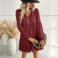 Pomeline | Women's Button Detail Voluminous Dress – Casual Dress in Wine Red