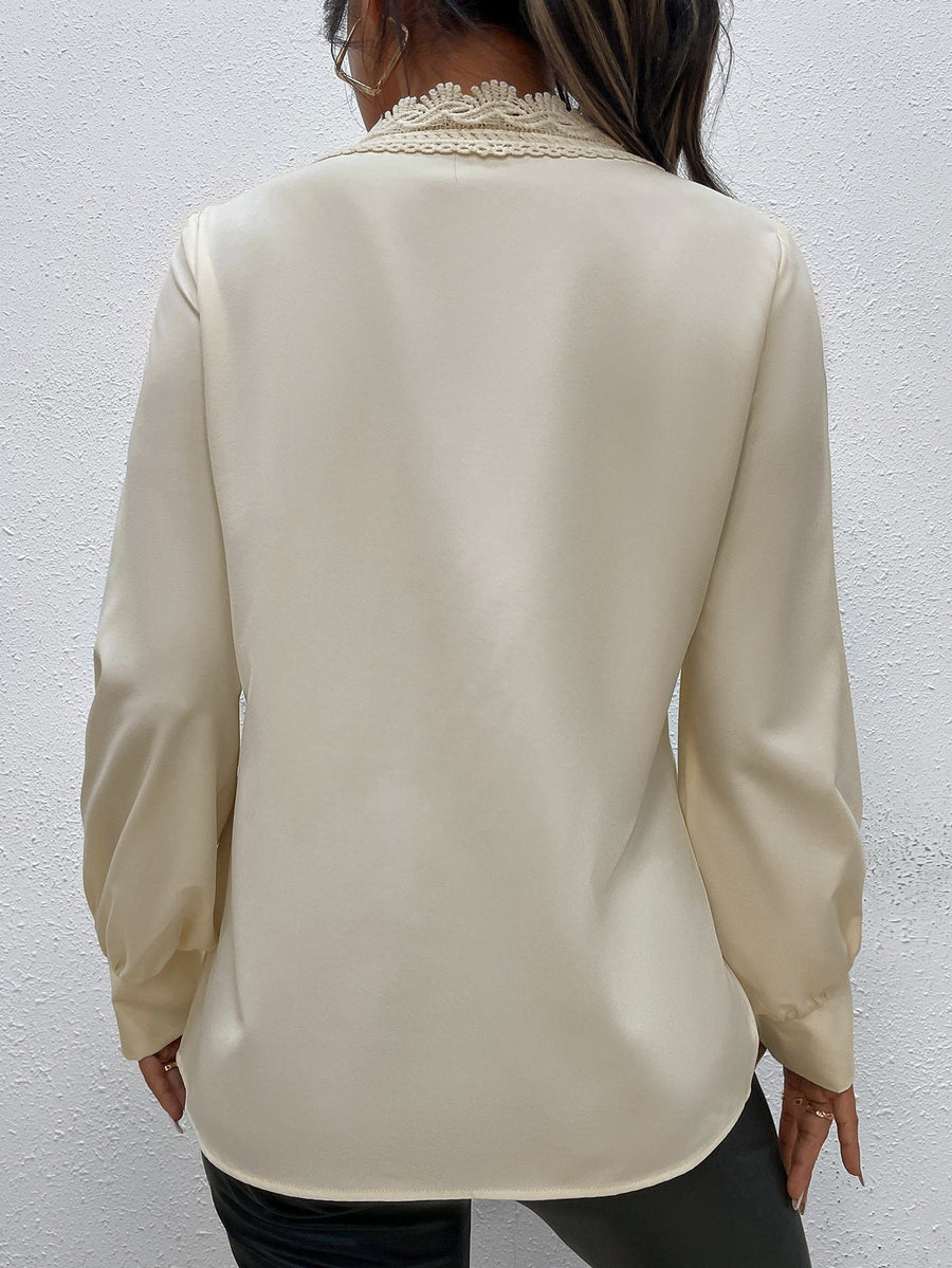 Primavera | Women's Lace Trim Button Detail Elegant Blouse in Apricot