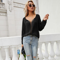 Priska | Women's Lace Detail V-Neck Elegant Blouse in Black
