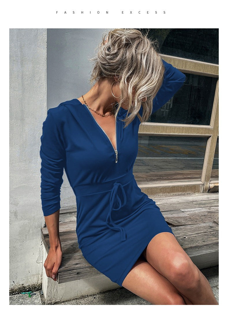 Prunella | Women's Zip Hooded Dress – Casual Dress in Dark Blue