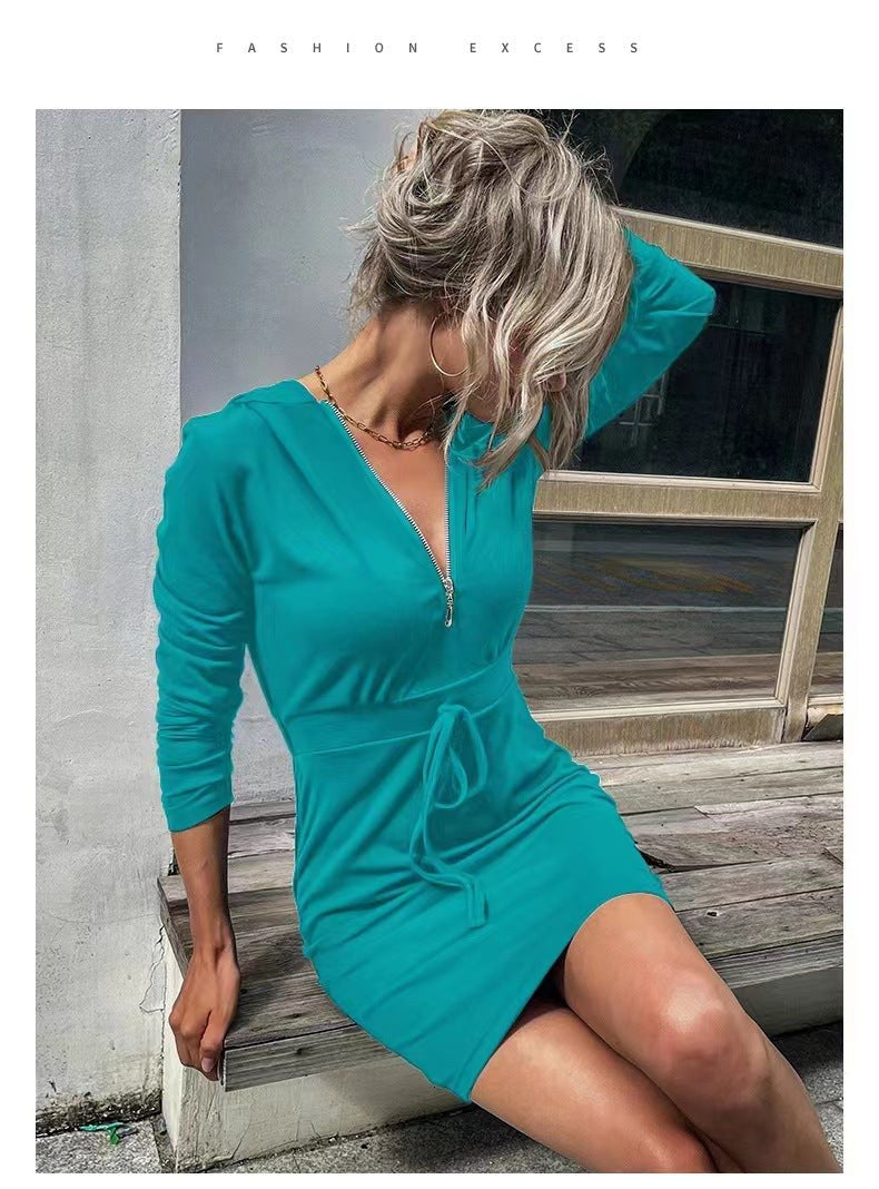 Prunella | Women's Zip Hooded Dress – Casual Dress in Sky Blue