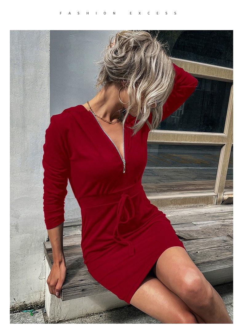 Prunella | Women's Zip Hooded Dress – Casual Dress in Wine Red