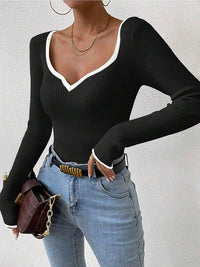Prunella | Women's V-Neck Long Sleeve Bodysuit in Black
