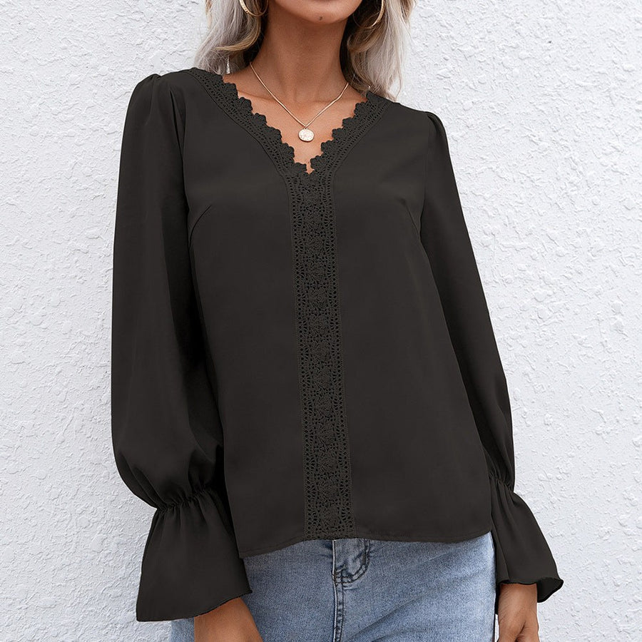 Pulcheria | Women's Lace Detail Elegant Blouse in Black