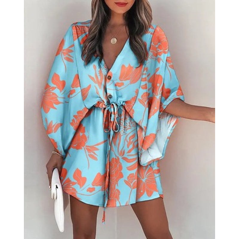 Pulcherie | Women's Floral Print Belted Wrap Dress in Blue