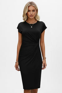 Quintina | Women's Round Cap Sleeve Midi Sundress in Black
