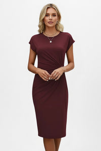 Quintina | Women's Round Cap Sleeve Midi Sundress in Brown
