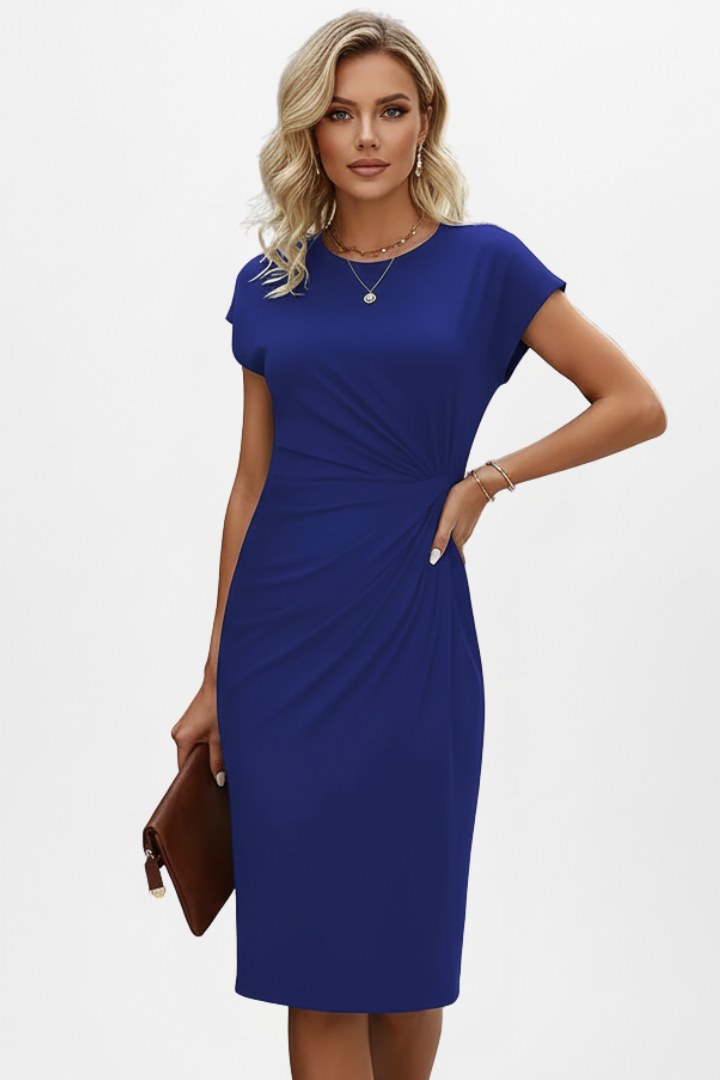Quintina | Women's Round Cap Sleeve Midi Sundress in Dark Blue
