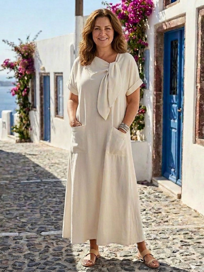 Radegund | Women's Round Neck Pocket Midi Sundress in Beige