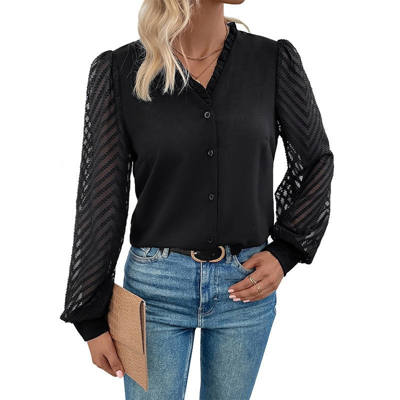 Radmila | Women's Button-Front Sheer Elegant Blouse in Black