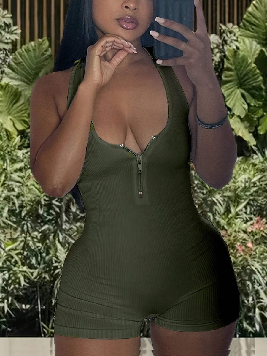 Rafaela | Women's Zip V-Neck Jumpsuit in Olive Green