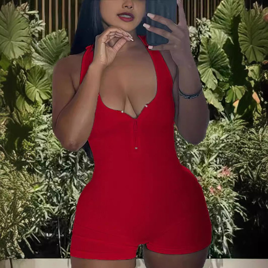 Rafaela | Women's Zip V-Neck Jumpsuit in Red