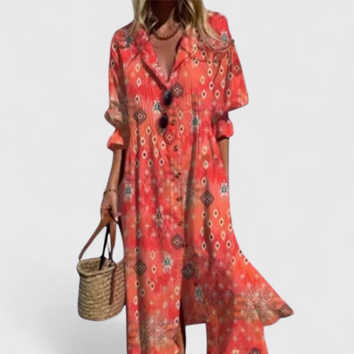 Rafaela | Women's Botanical Long Sleeve Boho Maxi Dress in Orange