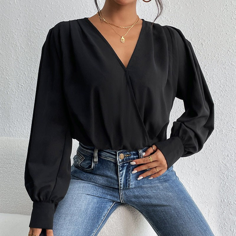 Rafaella | Women's V-Neck Voluminous Elegant Blouse in Black