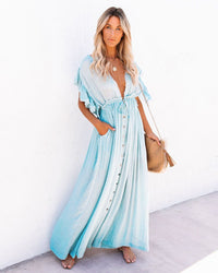 Ramona | Women's Draped Boho Maxi Dress in Light Blue