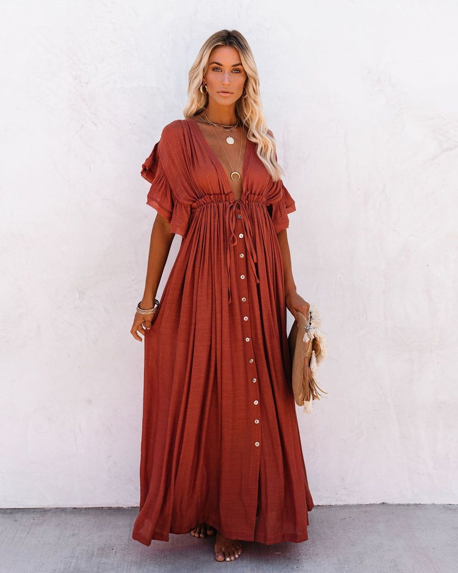Ramona | Women's Draped Boho Maxi Dress in Red