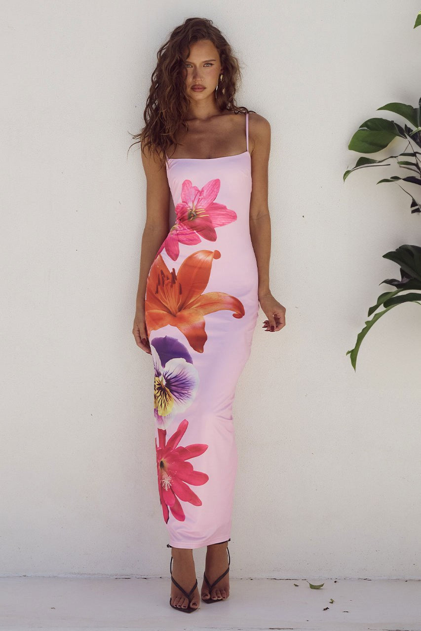 Raphaelle | Women's Floral Print Boho Maxi Dress in Pink