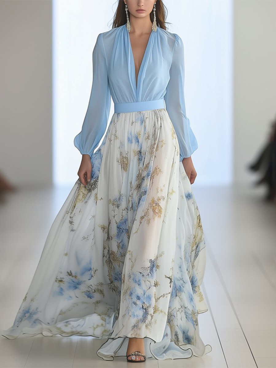 Raquel | Women's Floral V-Neck Boho Maxi Dress in Light Blue