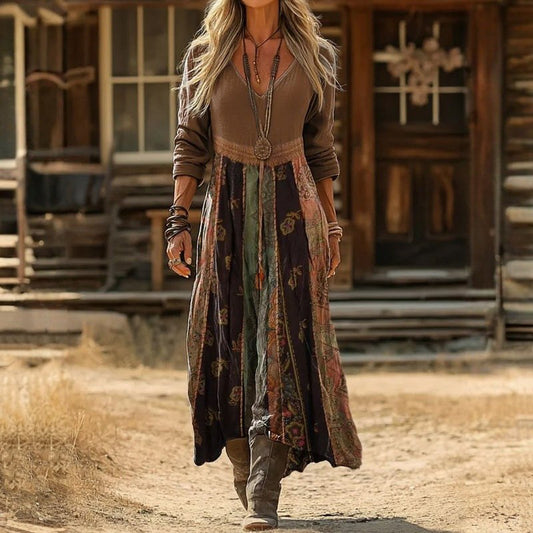 Reba | Women's Long Sleeve Boho Maxi Dress in Brown