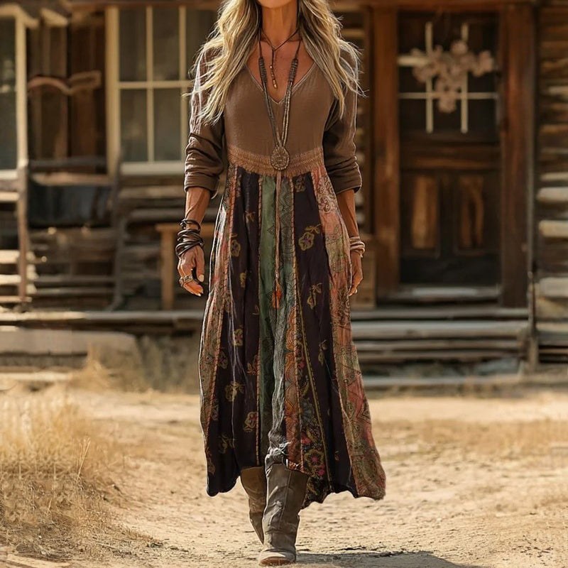 Reba | Women's Long Sleeve Boho Maxi Dress in Brown