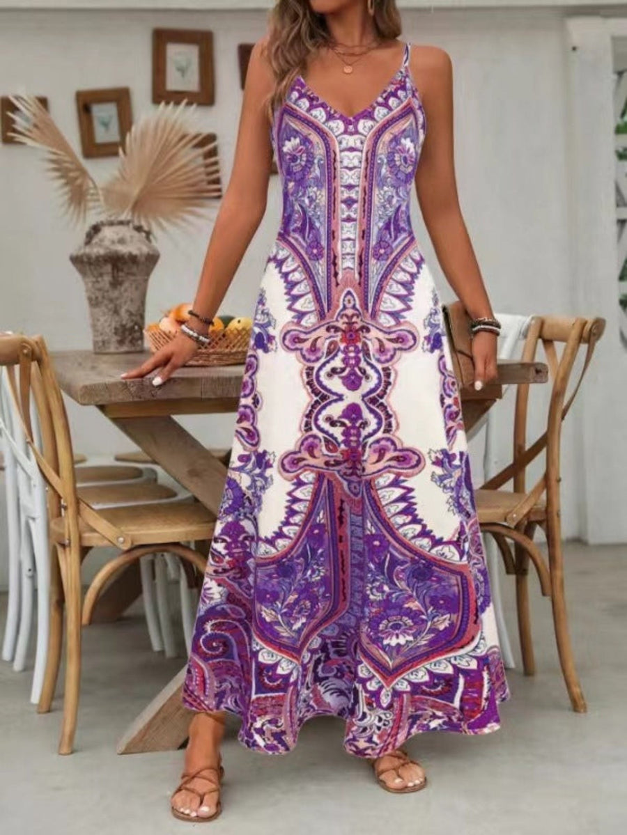 Rebecca | Women's Paisley V-Neck Boho Maxi Dress in Purple
