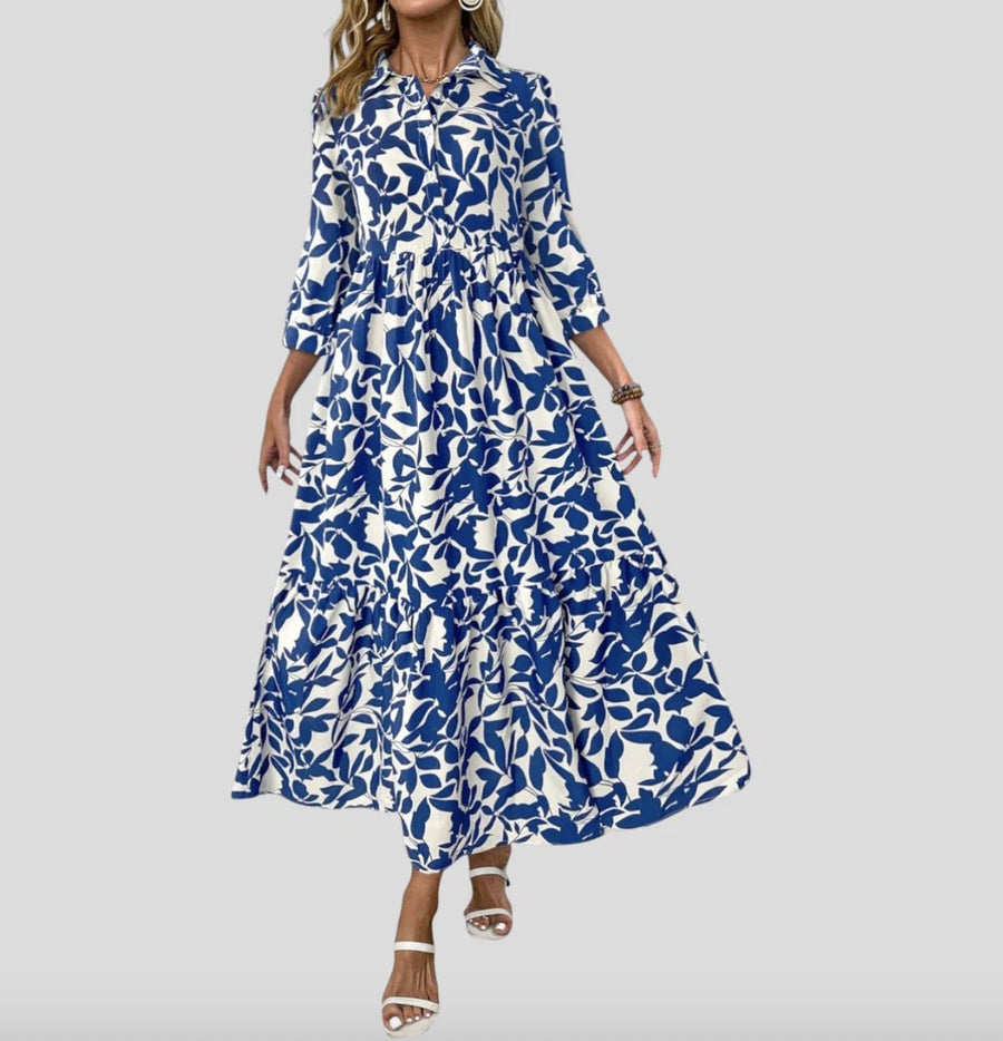 Regan | Women's Striped Long Sleeve Pockets Modern Maxi Dress in Blue