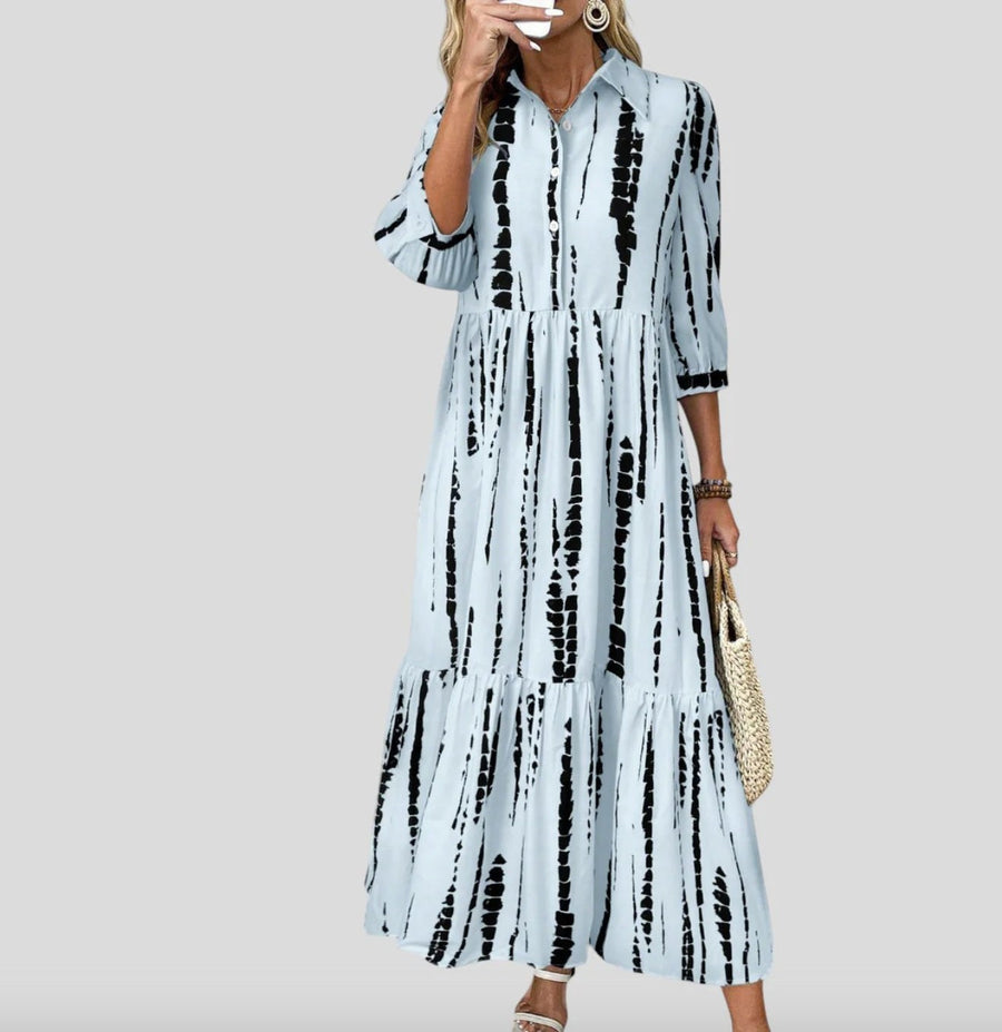 Regan | Women's Striped Long Sleeve Pockets Modern Maxi Dress in Sky Blue