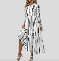 Regan | Women's Striped Long Sleeve Pockets Modern Maxi Dress in White