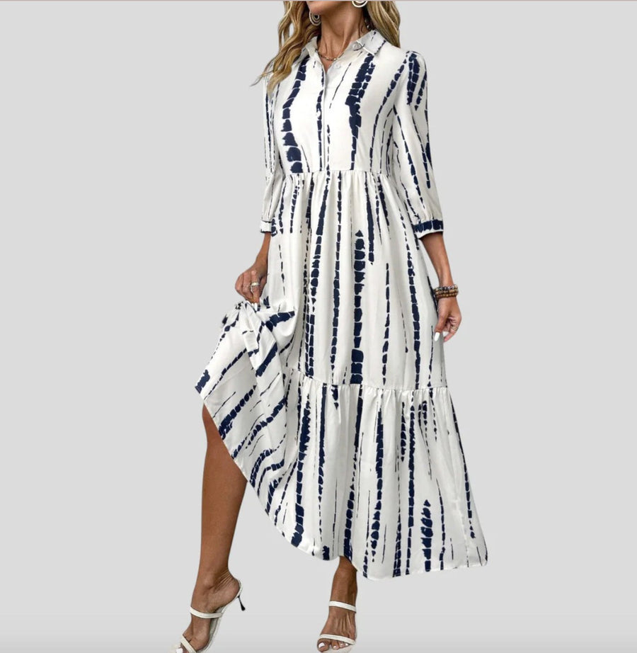 Regan | Women's Striped Long Sleeve Pockets Modern Maxi Dress in White