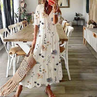 Regina | Women's Short Sleeve Floral Boho Maxi Dress in White A