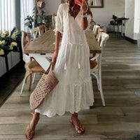 Regina | Women's Short Sleeve Floral Boho Maxi Dress in White B