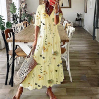 Regina | Women's Short Sleeve Floral Boho Maxi Dress in Yellow