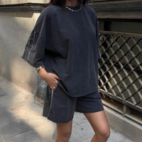 Reinette | Women's Short Sleeve Modern Two-Piece Set in Dark Gray