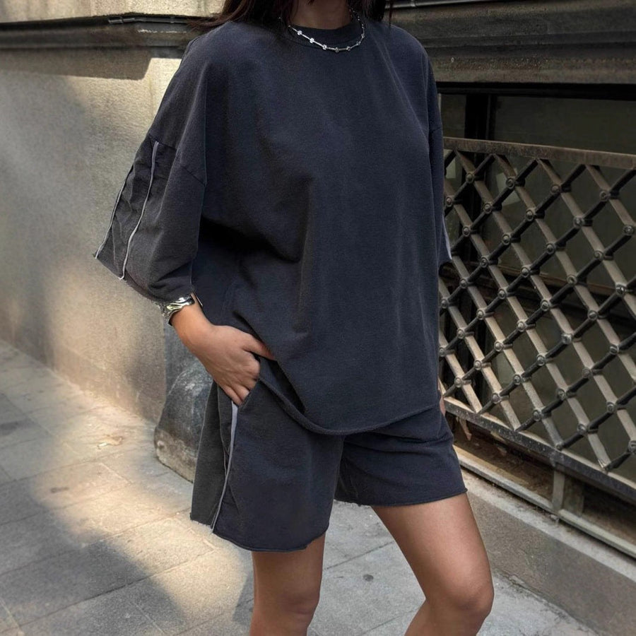 Reinette | Women's Short Sleeve Modern Two-Piece Set in Dark Gray