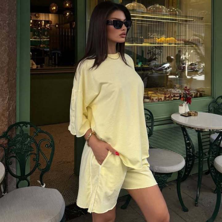 Reinette | Women's Short Sleeve Modern Two-Piece Set in Yellow