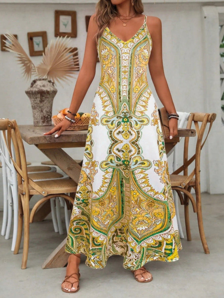 Rhea | Women's V-Neck Paisley Boho Maxi Dress in Yellow
